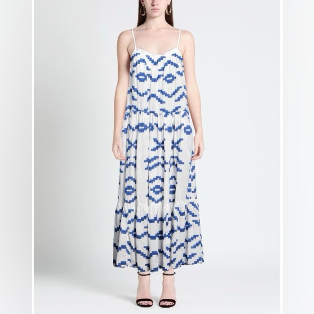 Greek Archaic Kori White Blue‎ Maxi Sleeveless Dress Size XS